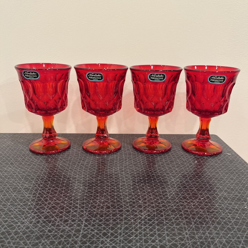 4 Noritake Perspective Ruby Red Pedestal Goblets 4.75", Japan Glasses